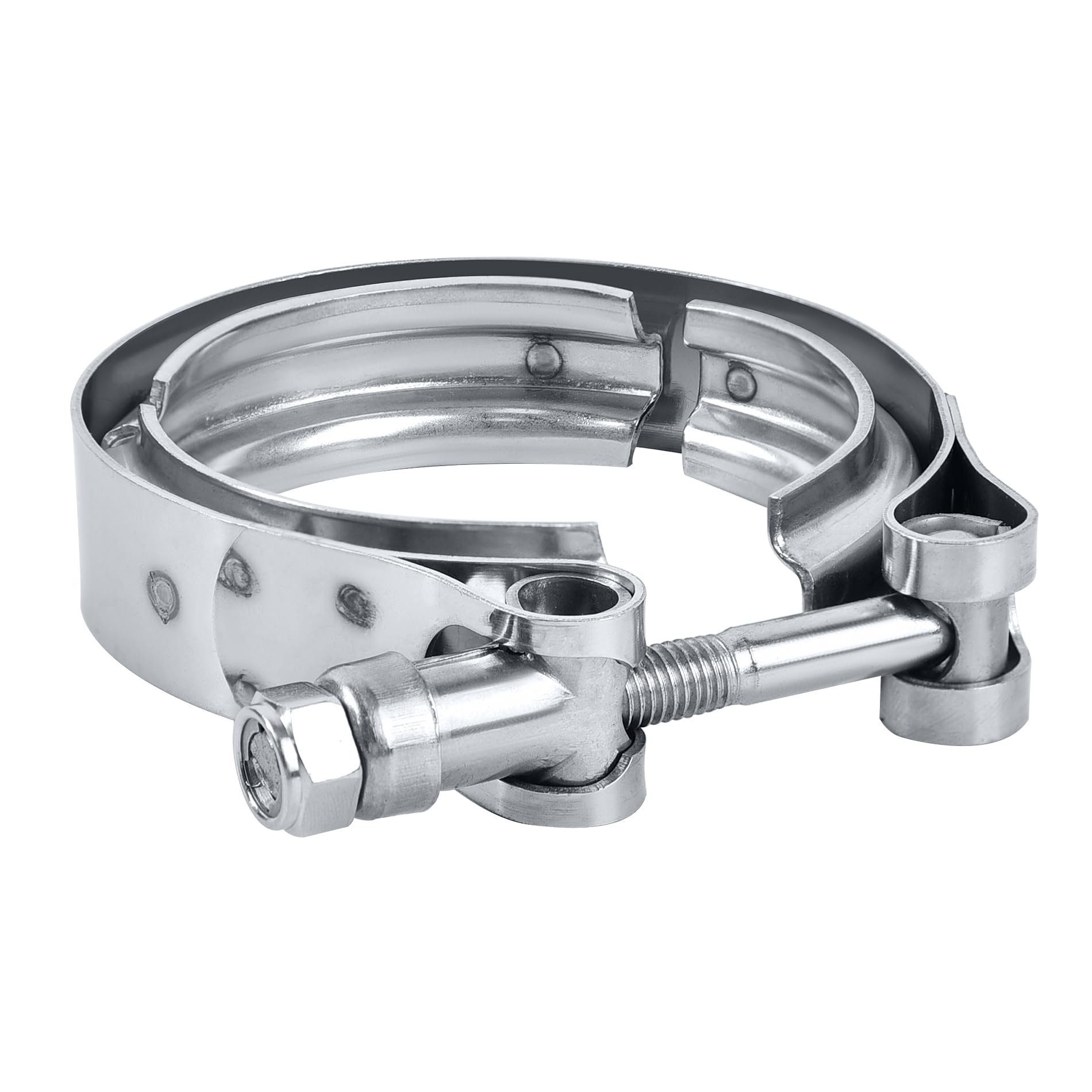 EVIL ENERGY 3-inch V-band clamp closeup, rugged stainless steel build for reliable sealing.