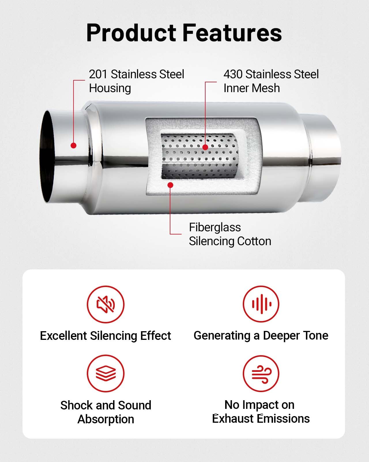 EVIL ENERGY 4-Inch resonator muffler with inlet and outlet pipes demonstrates universal compatibility