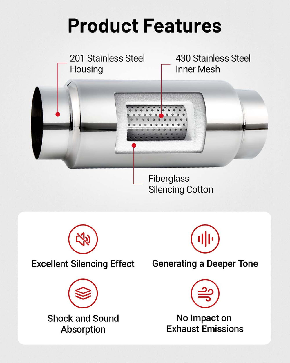 EVIL ENERGY 4-Inch resonator muffler with inlet and outlet pipes demonstrates universal compatibility