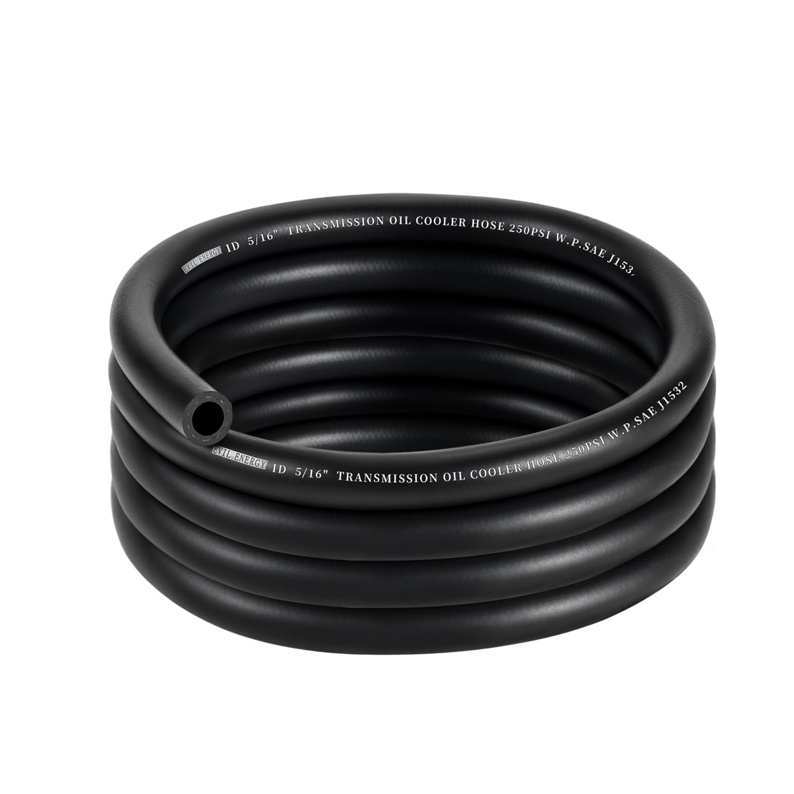 EVIL ENERGY 5/16 transmission hose rolled for easy handling and storage.