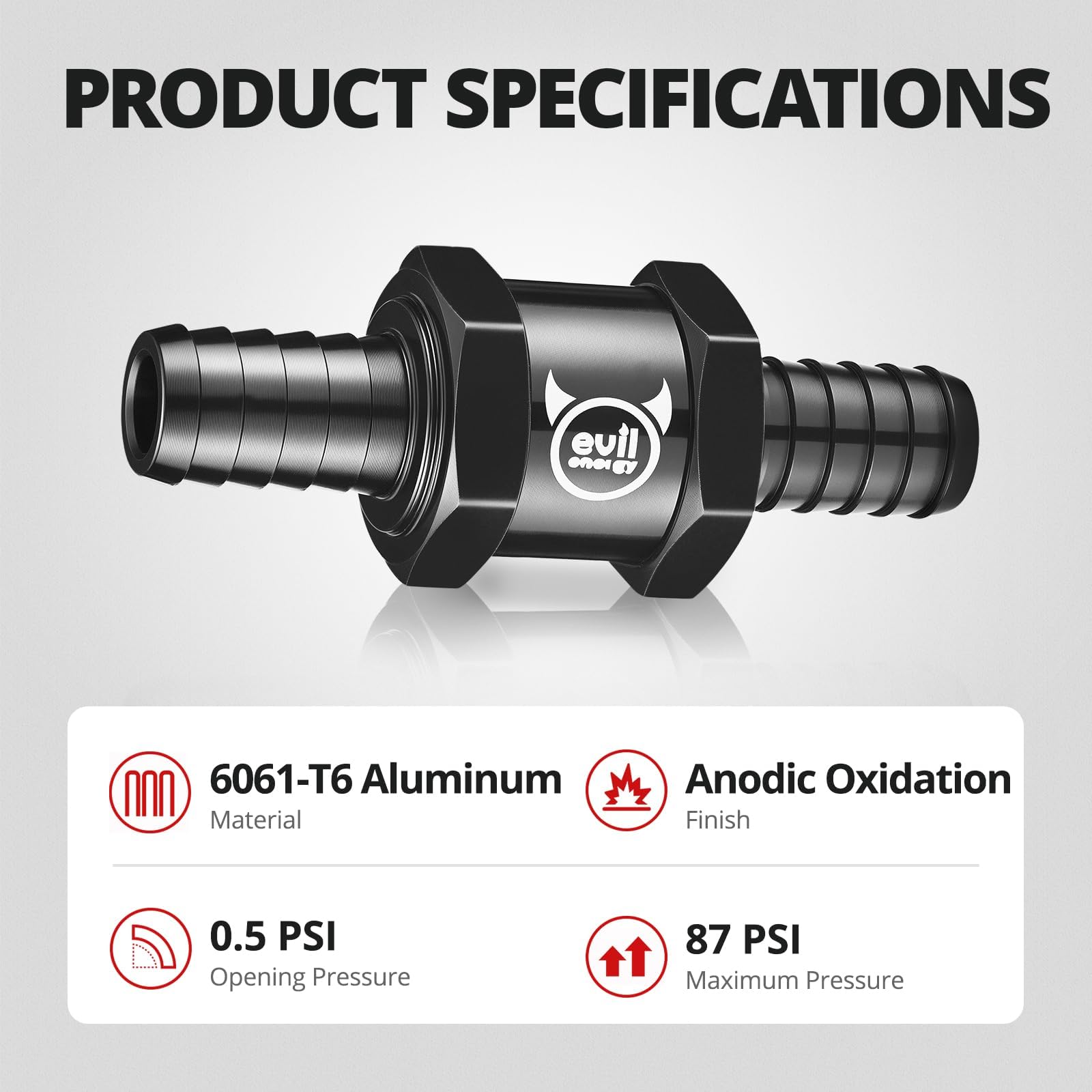 EVIL ENERGY 6061-T6 aluminum black anodized valve for durable, corrosion-resistant use.