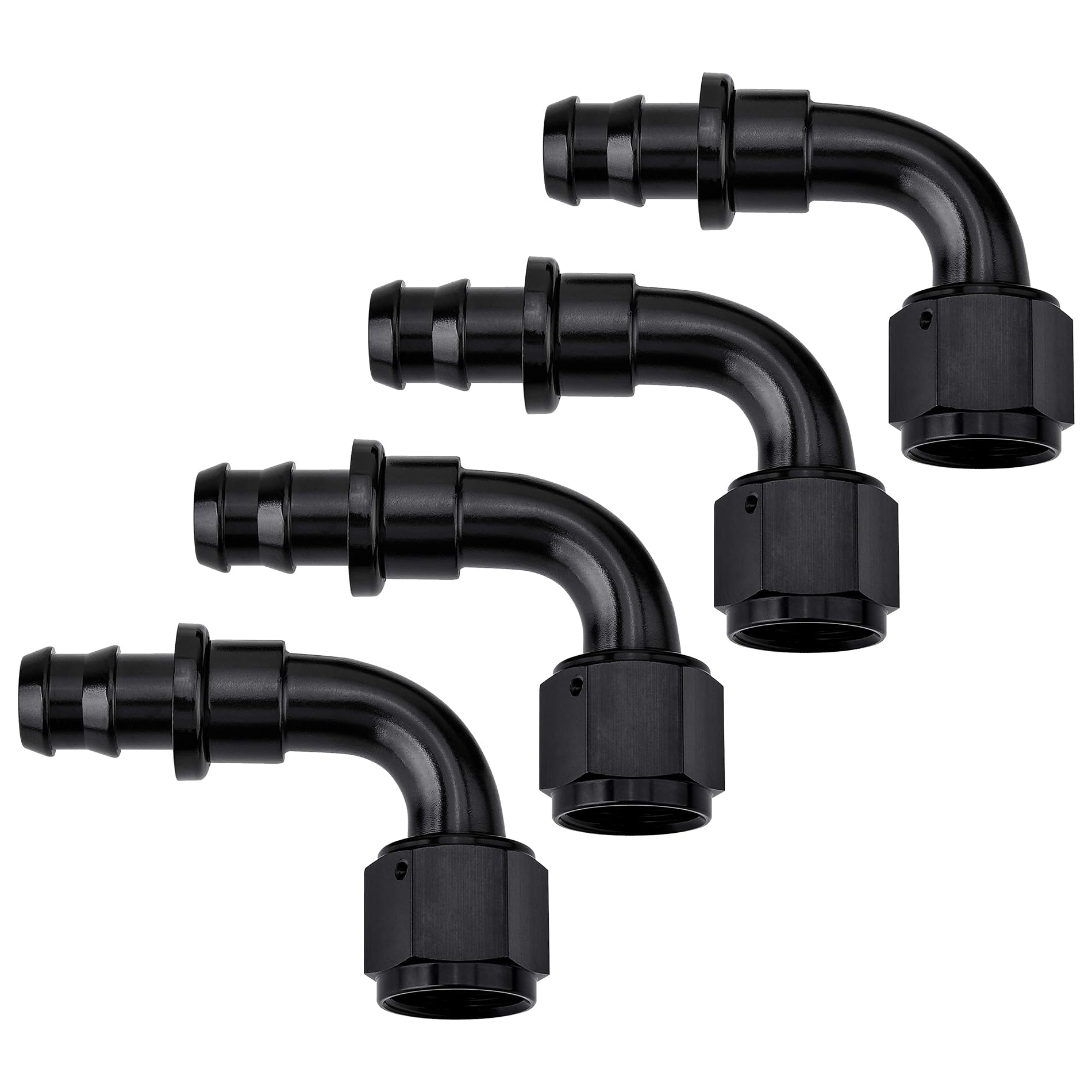 EVIL ENERGY 6AN 90-degree push-lock fitting close-up shows durable 6061-T6 aluminum body with a black finish.