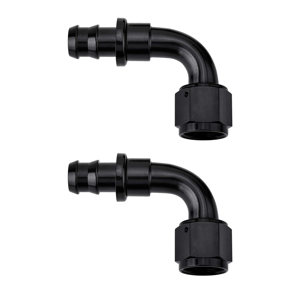 EVIL ENERGY 6AN 90-degree push-lock fitting with side view showing compact angle for tight-space installations.