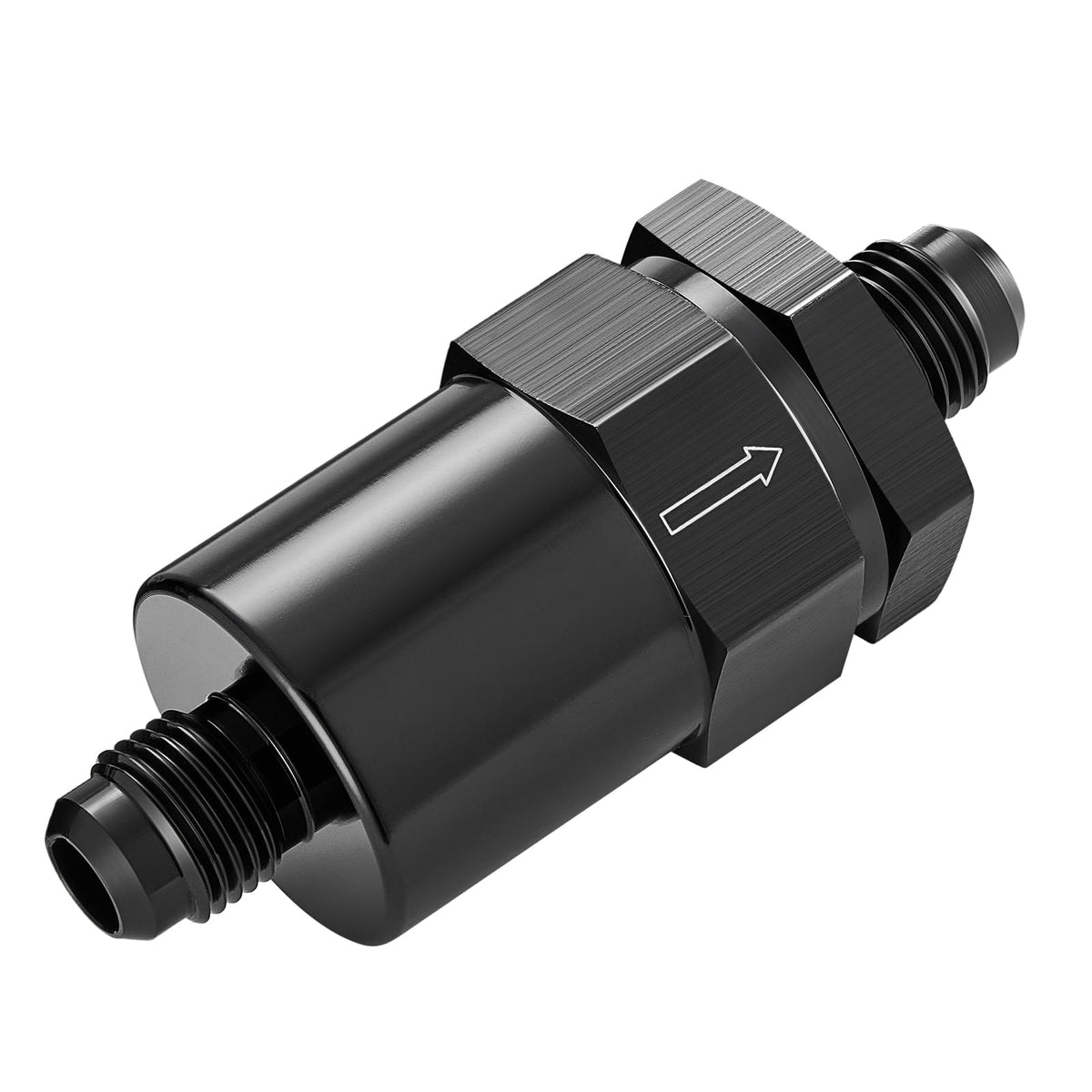 EVIL ENERGY 6AN billet inline fuel filter with 30-micron element for EFI and carb systems