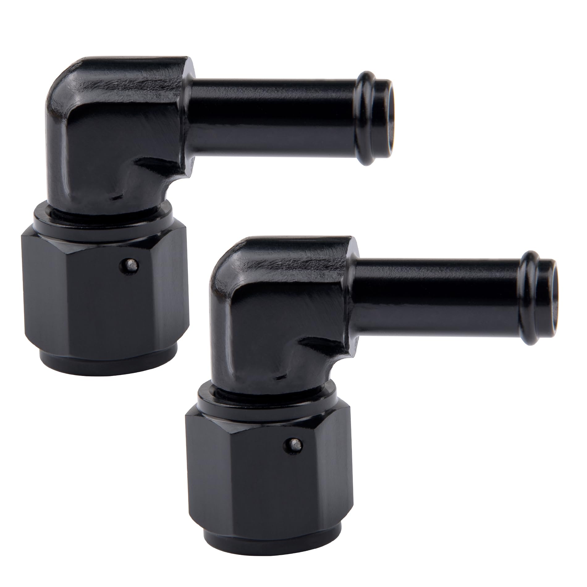 EVIL ENERGY 6AN female to 3/8 barb hose fitting shown, durable aluminum for secure connections.