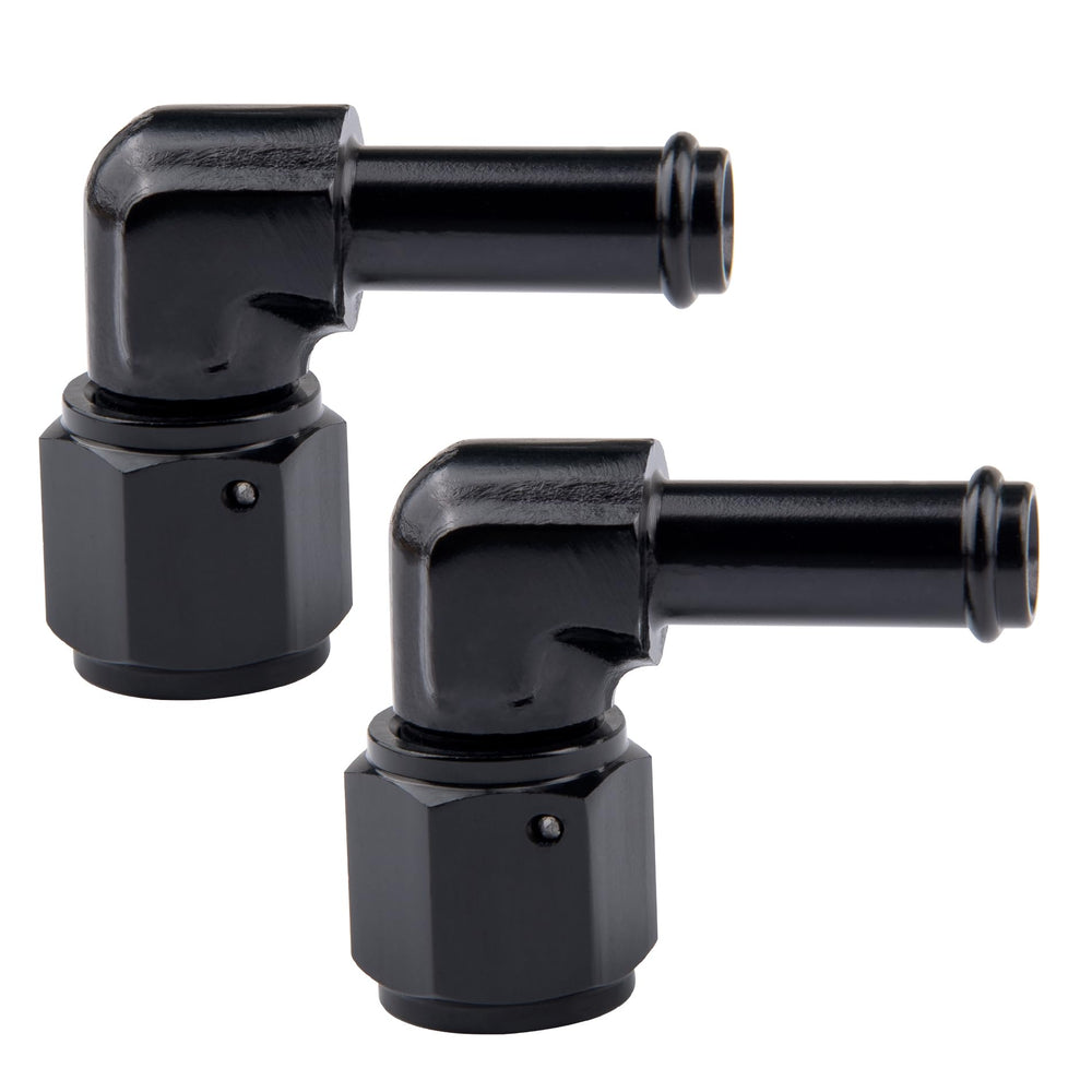 EVIL ENERGY 6AN female to 3/8 barb hose fitting shown, durable aluminum for secure connections.