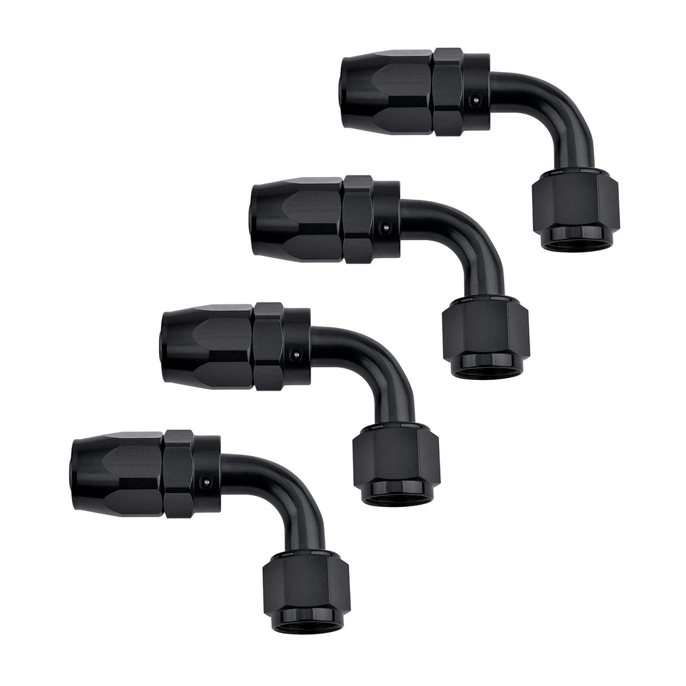 EVIL ENERGY 6AN hose-end fitting with 90 degree swivel for black braided hose, ideal for tight spaces.