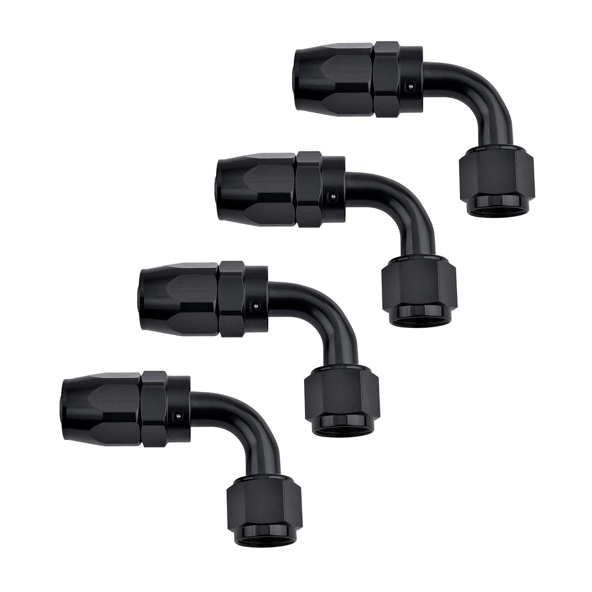EVIL ENERGY 6AN hose-end fitting with 90 degree swivel for black braided hose, ideal for tight spaces.