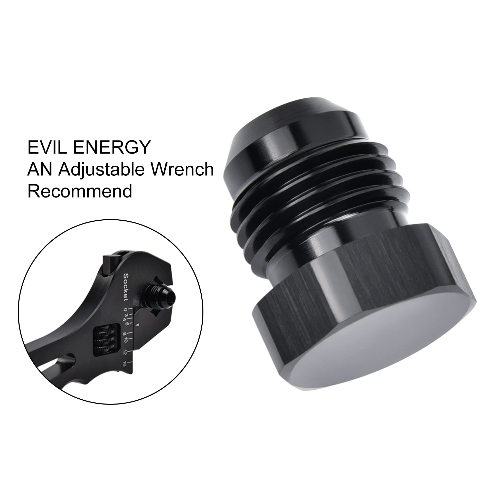 EVIL ENERGY 6AN blanking plug with black anodized surface, corrosion resistant.