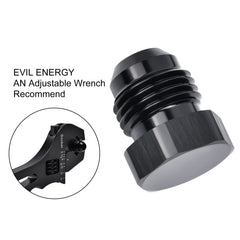 EVIL ENERGY 6AN blanking plug with black anodized surface, corrosion resistant.