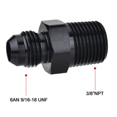 EVIL ENERGY 6AN to 3/8 NPT adapter in black aluminum, ideal for cooling lines.