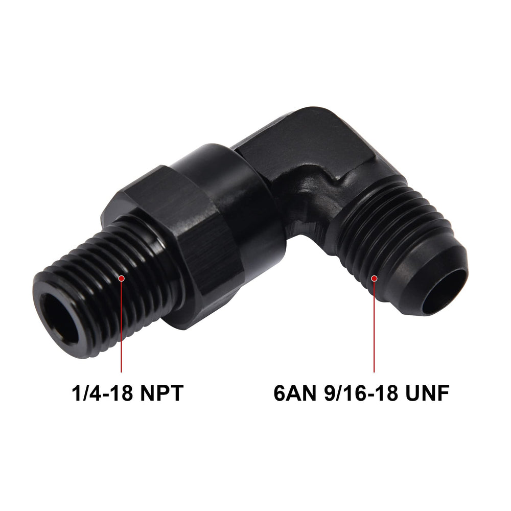 EVIL ENERGY 6AN to 1/4 NPT swivel fitting side view highlights compact aluminum black profile