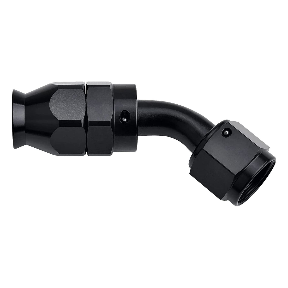 EVIL ENERGY 6AN PTFE hose end fitting at a 45-degree angle for tight routing