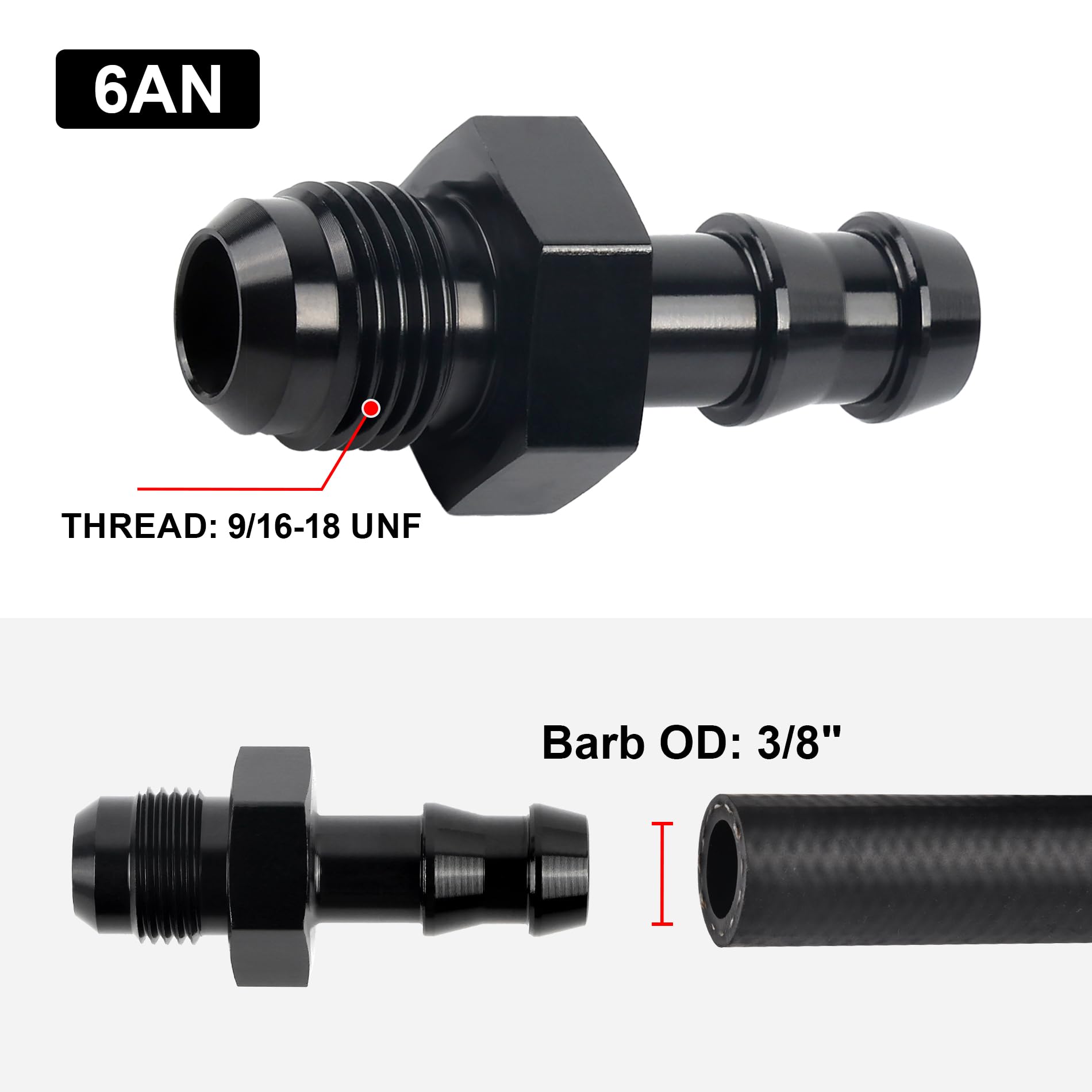 EVIL ENERGY 6AN to 3/8 barb push-on adapter – side view highlights compact aluminum body.