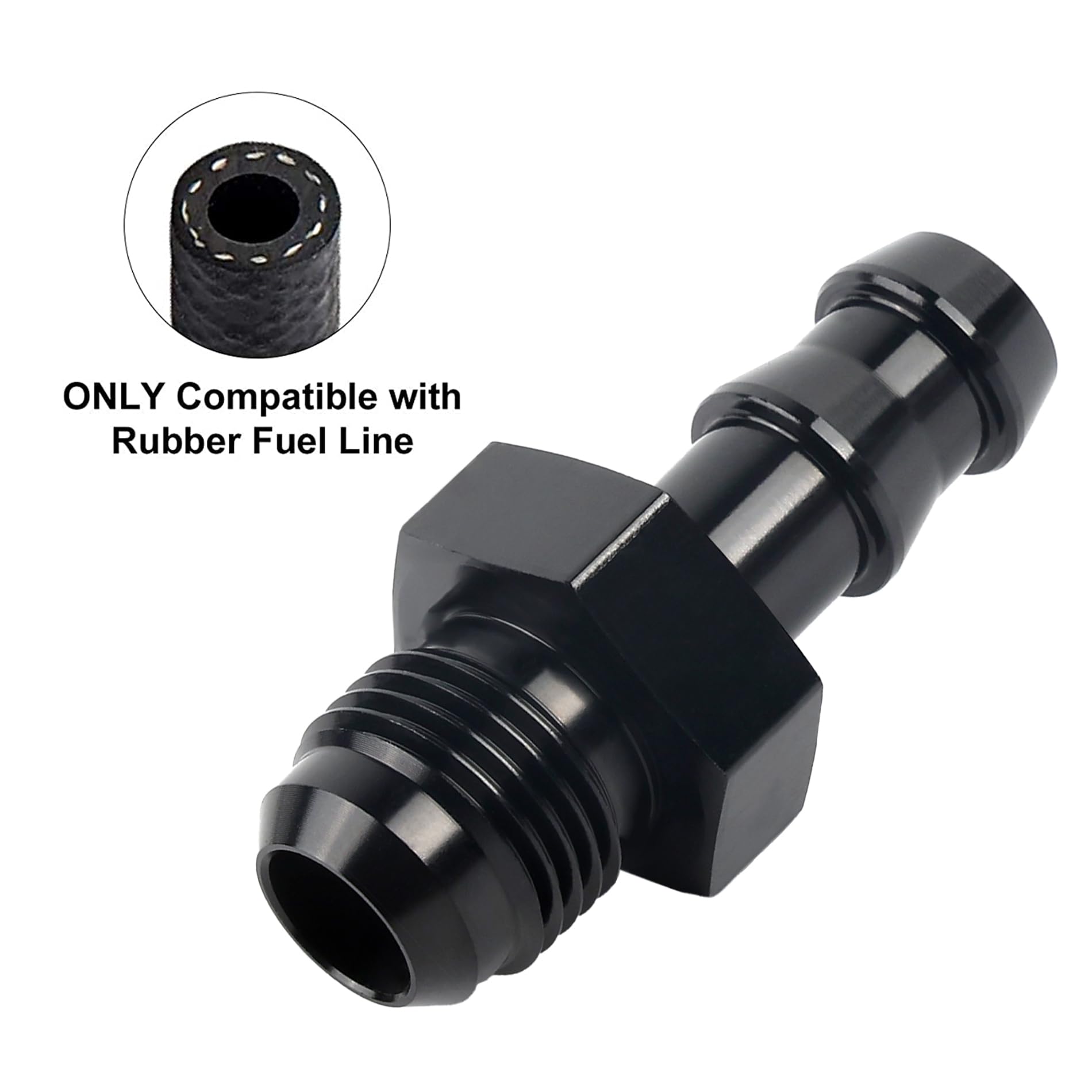 EVIL ENERGY 6AN to 3/8 barb push-on adapter – barb end shows 3/8 inch OD.