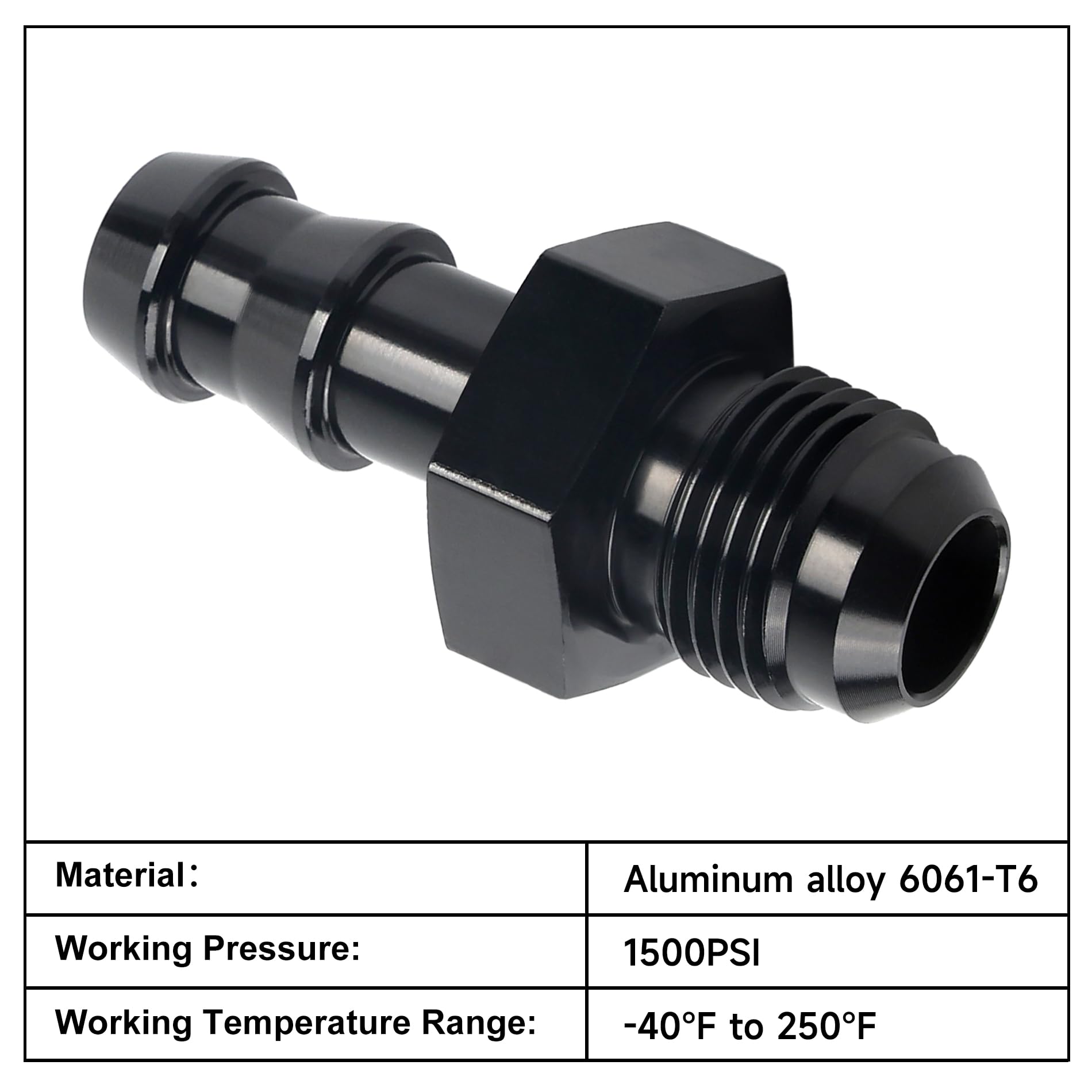 EVIL ENERGY 6AN to 3/8 barb push-on adapter – thread end detail in aluminum.