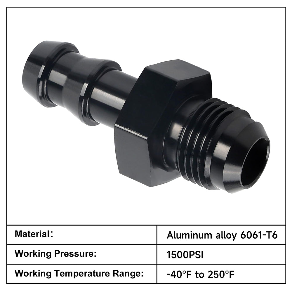 EVIL ENERGY 6AN to 3/8 barb push-on adapter – thread end detail in aluminum.
