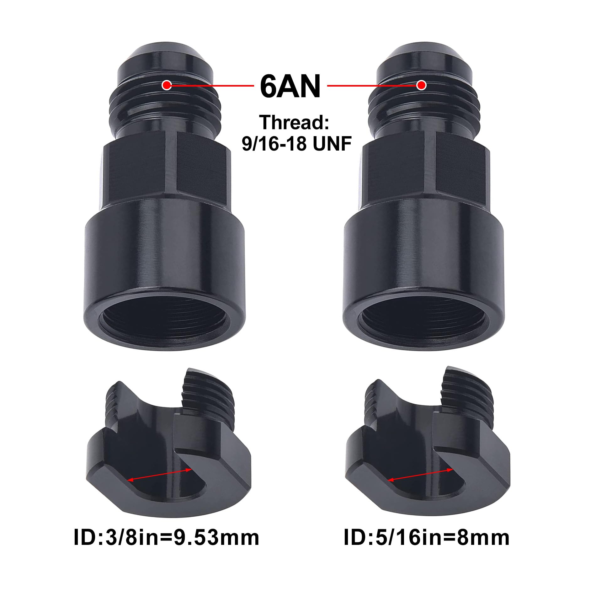 EVIL ENERGY 6AN to 3/8 and 5/16 quick disconnect EFI fitting close up showing durable aluminum body