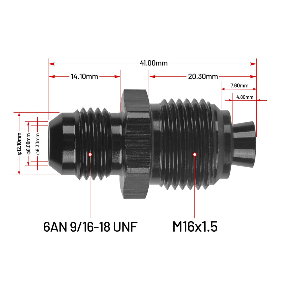 EVIL ENERGY 6AN to M16x1.5 adapter side connection reveals compact profile for tight engine bays.