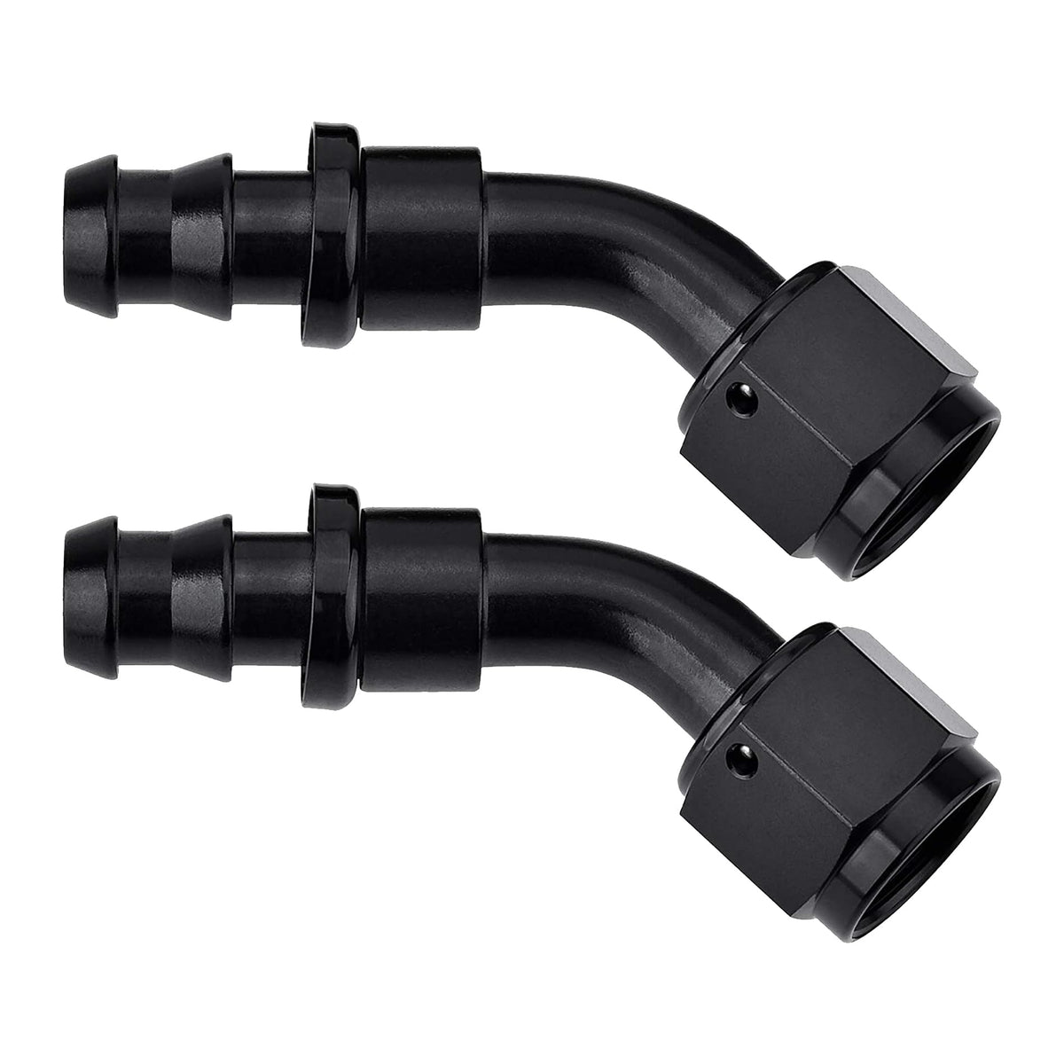 EVIL ENERGY 8AN 45-degree push-lock end with black finish for secure rubber fuel line connections.