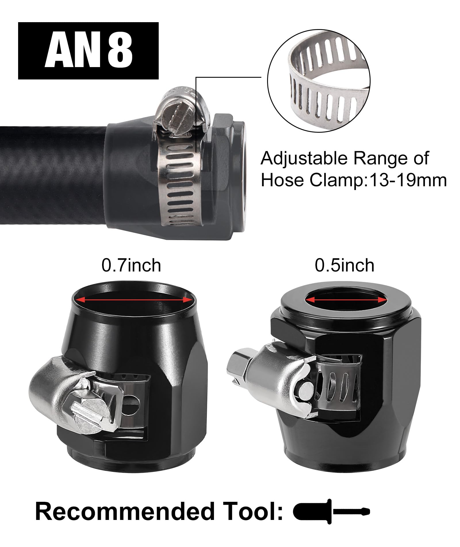 EVIL ENERGY clamp with captive screw enables quick, tool-free installation and removal on hose ends.