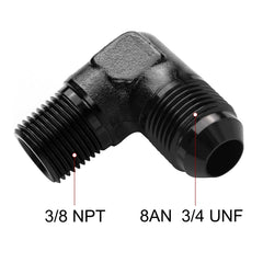 EVIL ENERGY 8AN to 38NPT male 90-degree aluminum elbow enables tight engine-bay routing