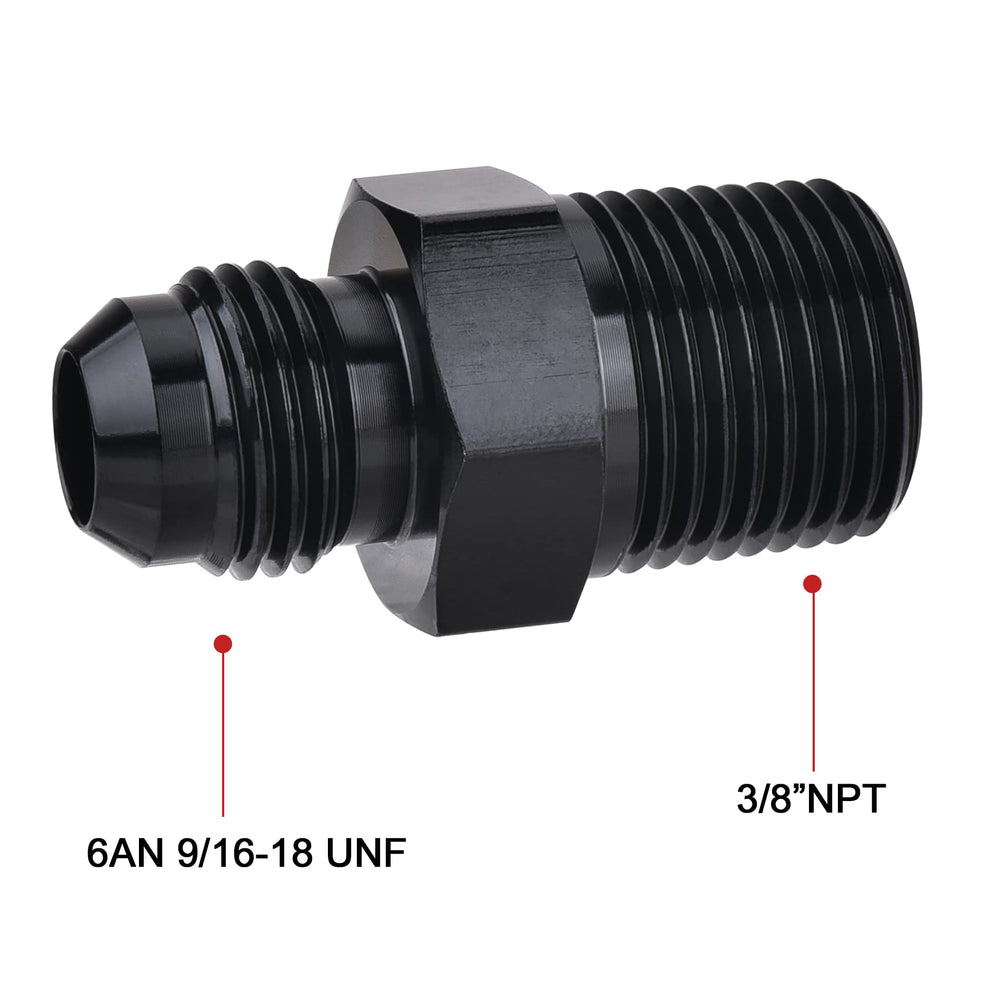 EVIL ENERGY aluminum 6061-T6 6AN to 38NPT adapter black close-up shows durable finish