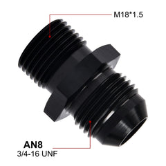 EVIL ENERGY aluminum 6061-T6 adapter with 8AN flare and M18x1.5mm threads.