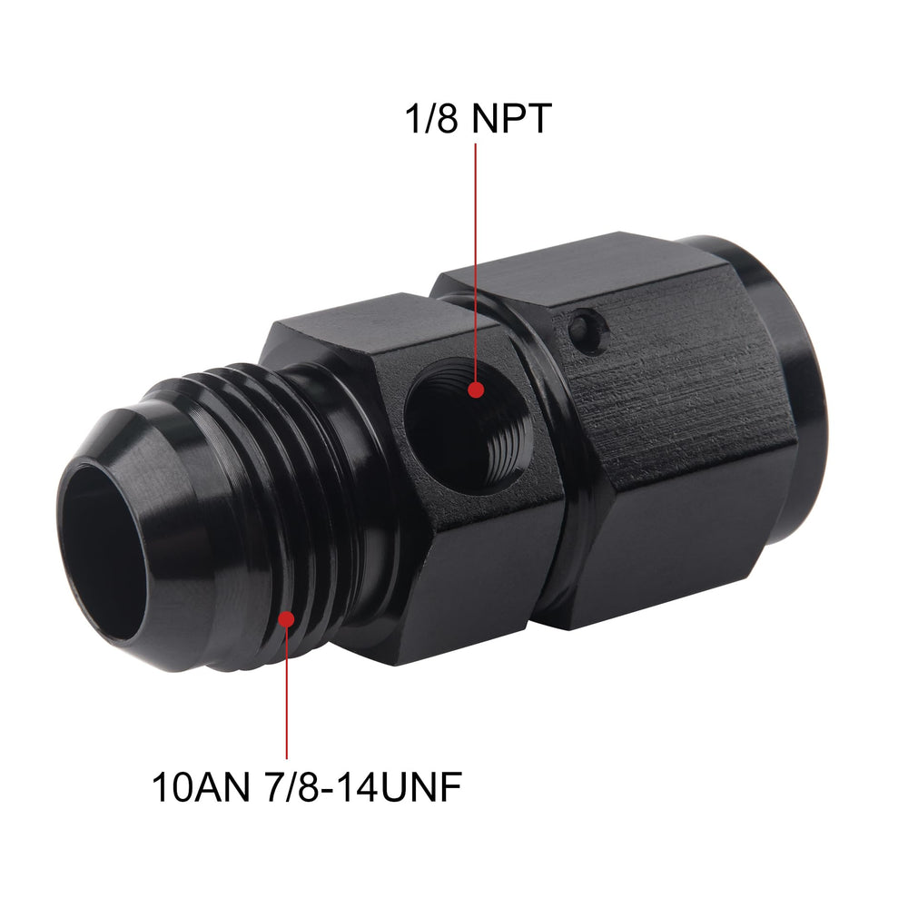 EVIL ENERGY aluminum 6061-T6 fuel fitting with gauge port for precise sensor mounting.
