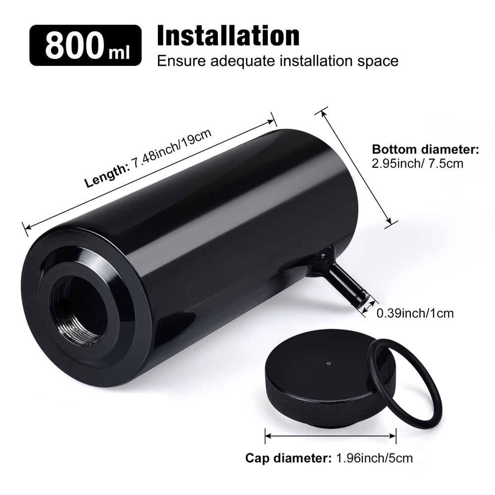 Assembly view shows EVIL ENERGY overflow tank with aluminum body and 800ml capacity.