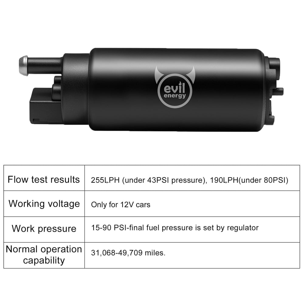 EVIL ENERGY EFI 255LPH pump side view highlighting compact in-tank fit.