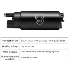 EVIL ENERGY EFI 255LPH pump side view highlighting compact in-tank fit.
