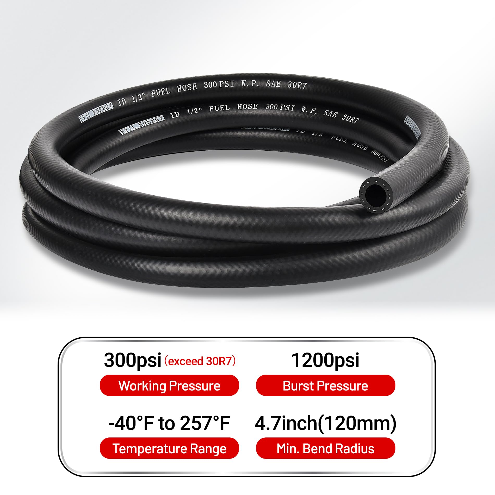EVIL ENERGY fuel hose in installation view shows reliable end fittings and flexibility.