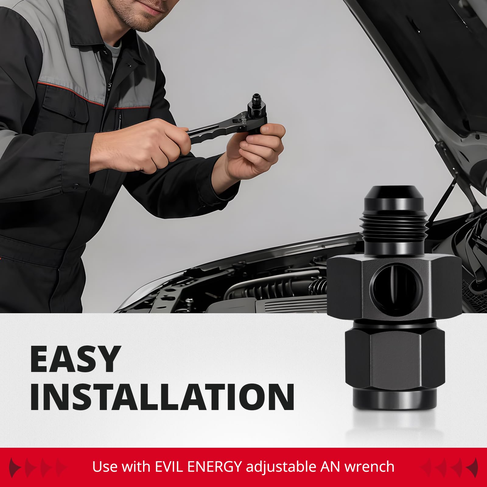 Image demonstrates gauge or sensor installation between fuel lines using EVIL ENERGY fitting.