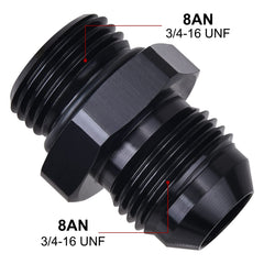 EVIL ENERGY 8AN flare-to-ORB adapter close-up black finish for reliable inline fuel fittings.
