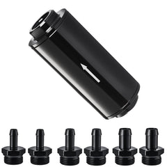 EVIL ENERGY inline fuel filter showing 1/2-inch barb fitting for versatile fuel line connections.