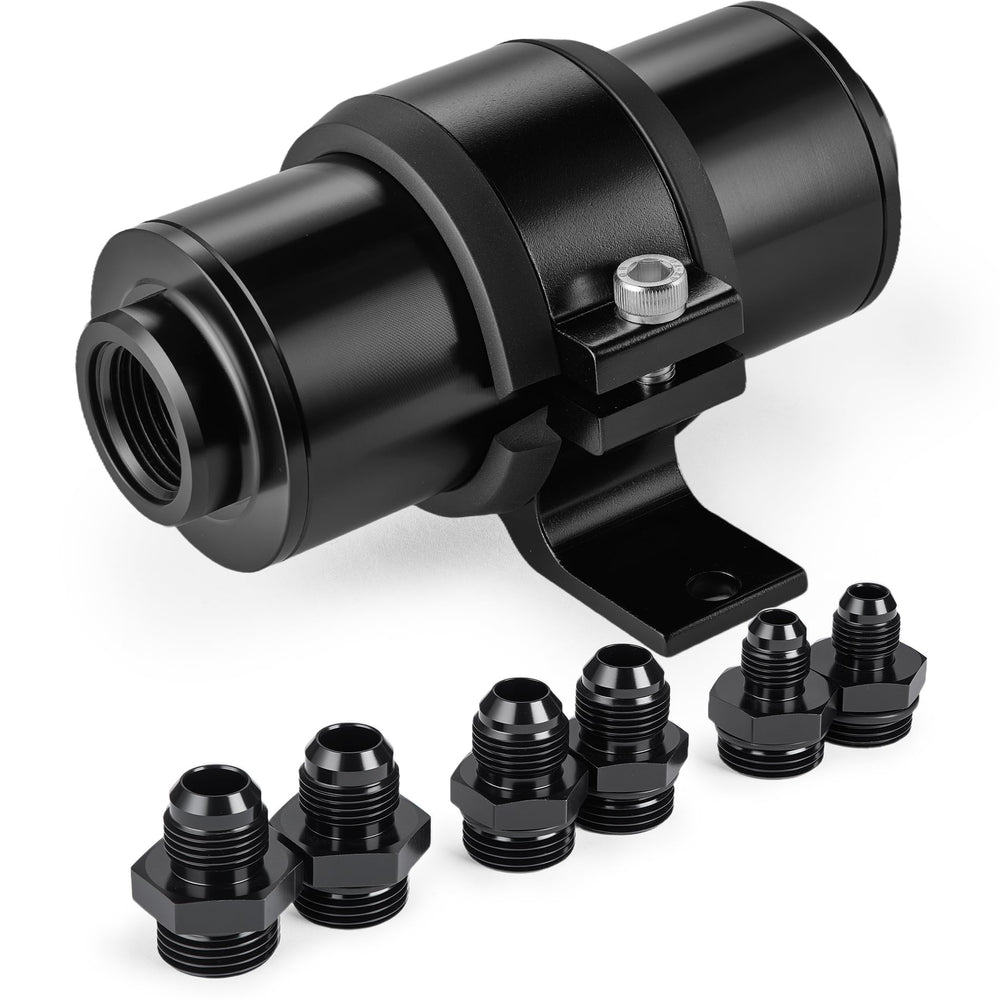 EVIL ENERGY inline fuel filter with 6AN adapter for versatile fuel system protection.