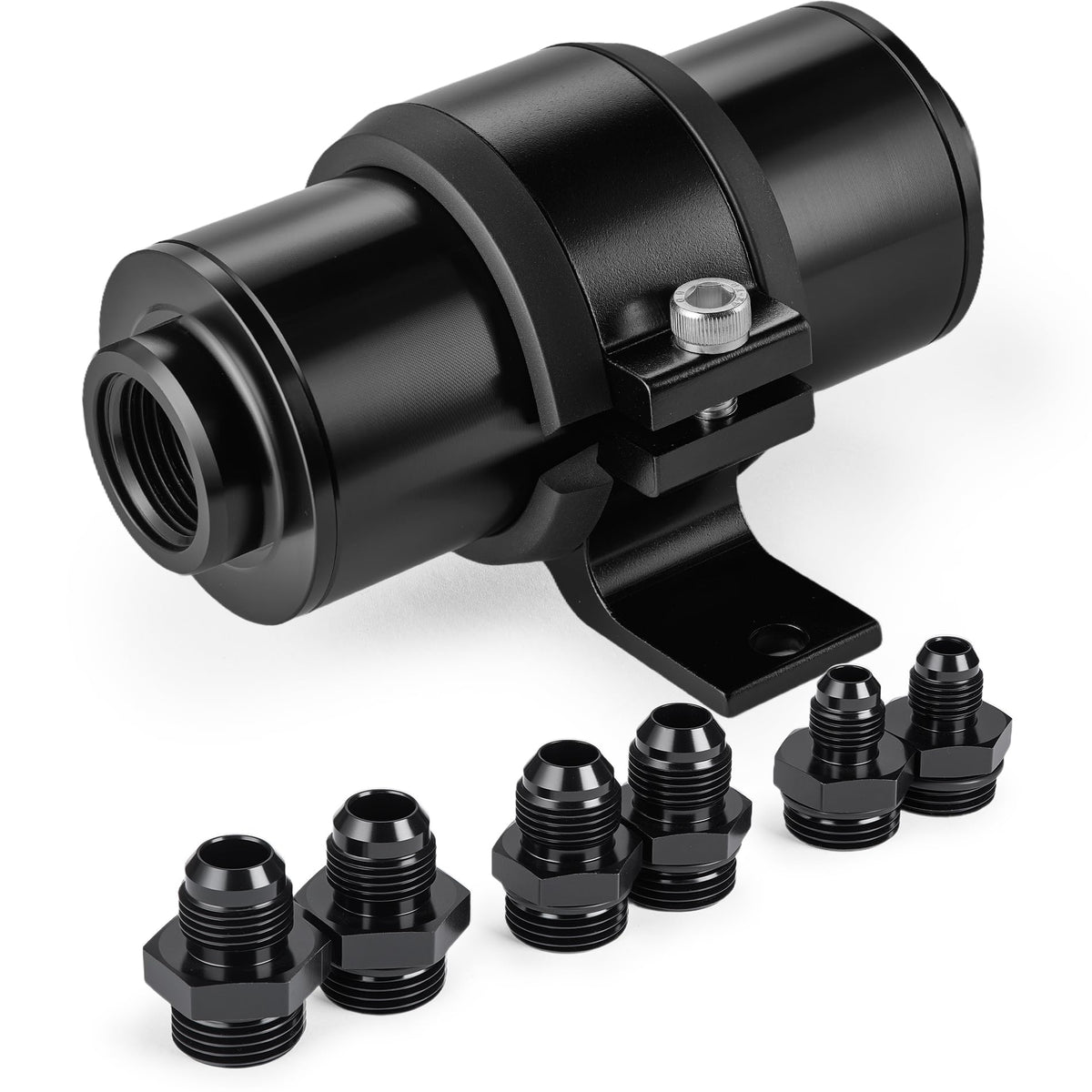 EVIL ENERGY inline fuel filter with 6AN adapter for versatile fuel system protection.