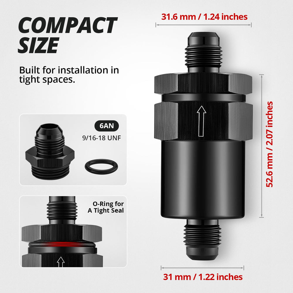 EVIL ENERGY inline fuel filter aluminum black body fits compact engine bays
