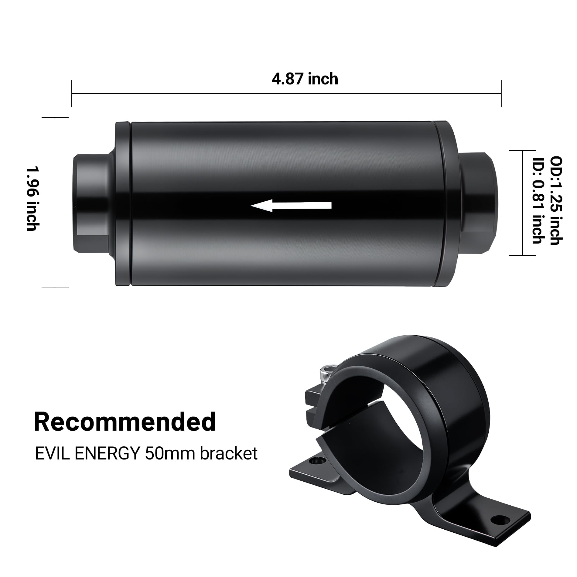 EVIL ENERGY inline fuel filter barbs closeup shows versatile adapters.