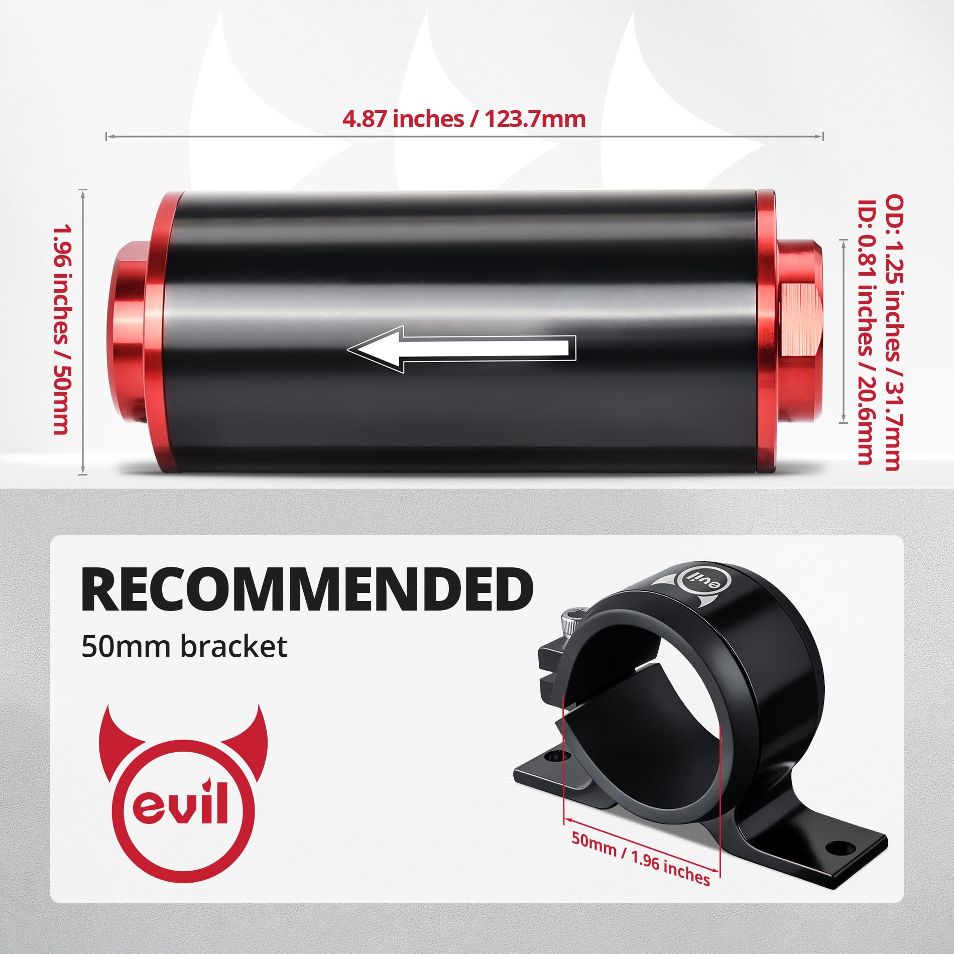 EVIL ENERGY inline fuel filter with bracket clamp ensures tidy, secure mounting.