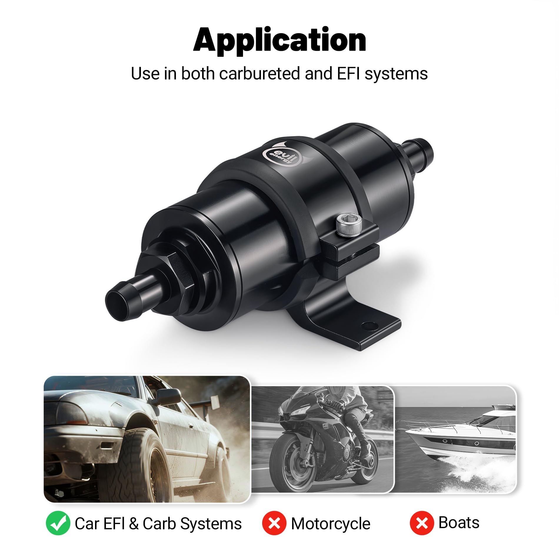 EVIL ENERGY inline fuel filter stainless-steel element supports long-lasting filtration.