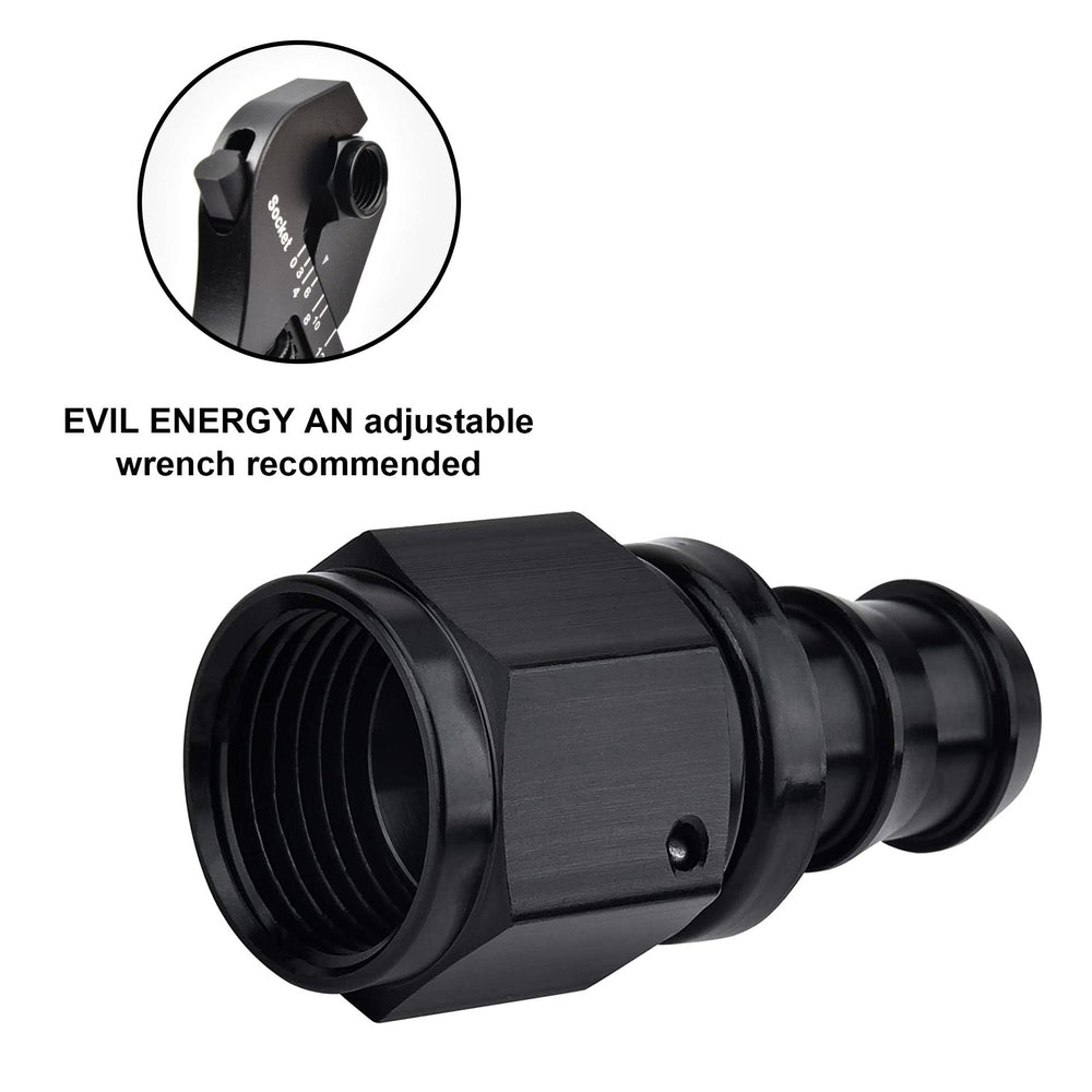 EVIL ENERGY fittings installed on hose with clamps for enhanced sealing.