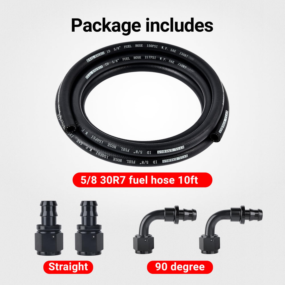EVIL ENERGY kit contents shown for simple fuel-line upgrades.