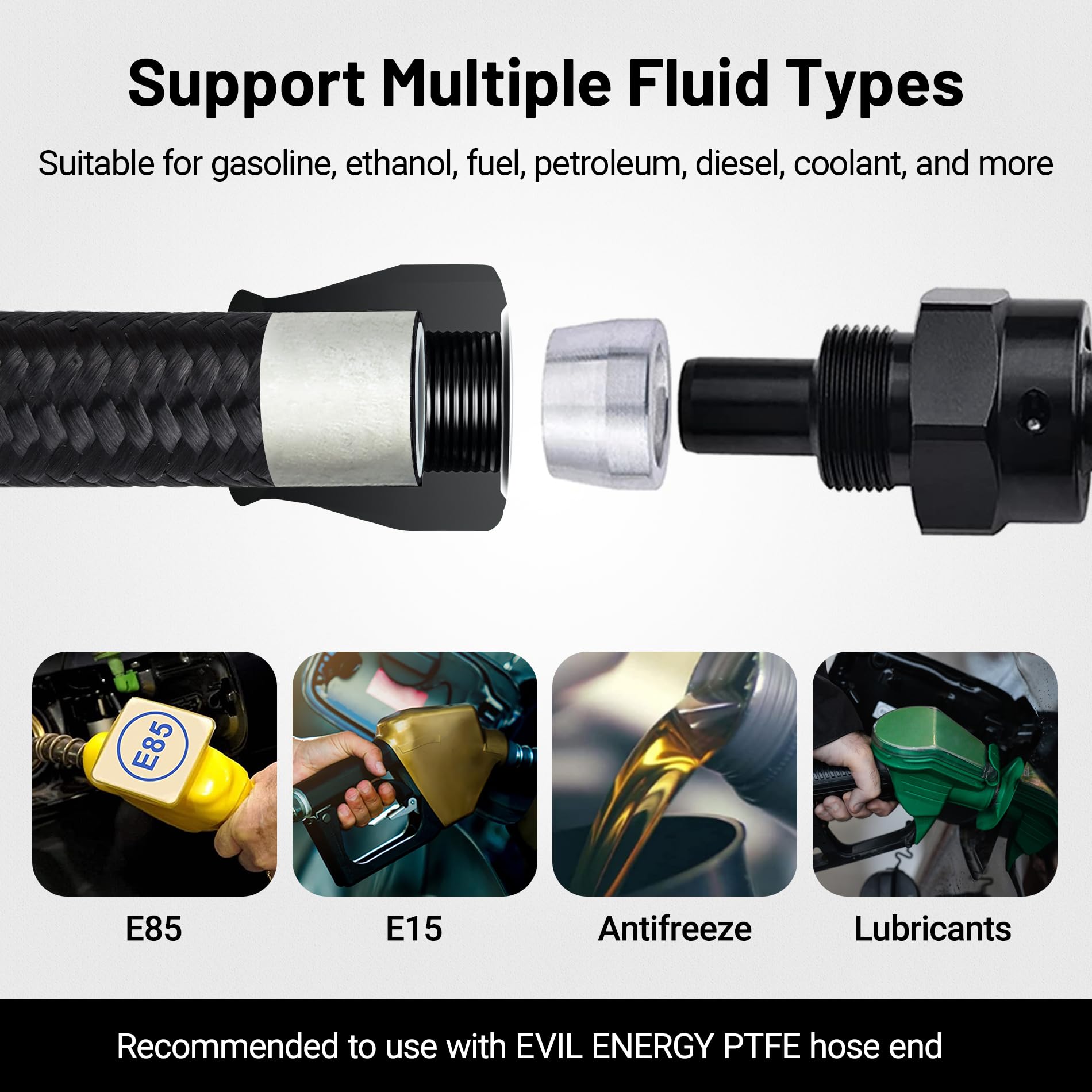 EVIL ENERGY PTFE hose with rugged fittings for hot engine bays.
