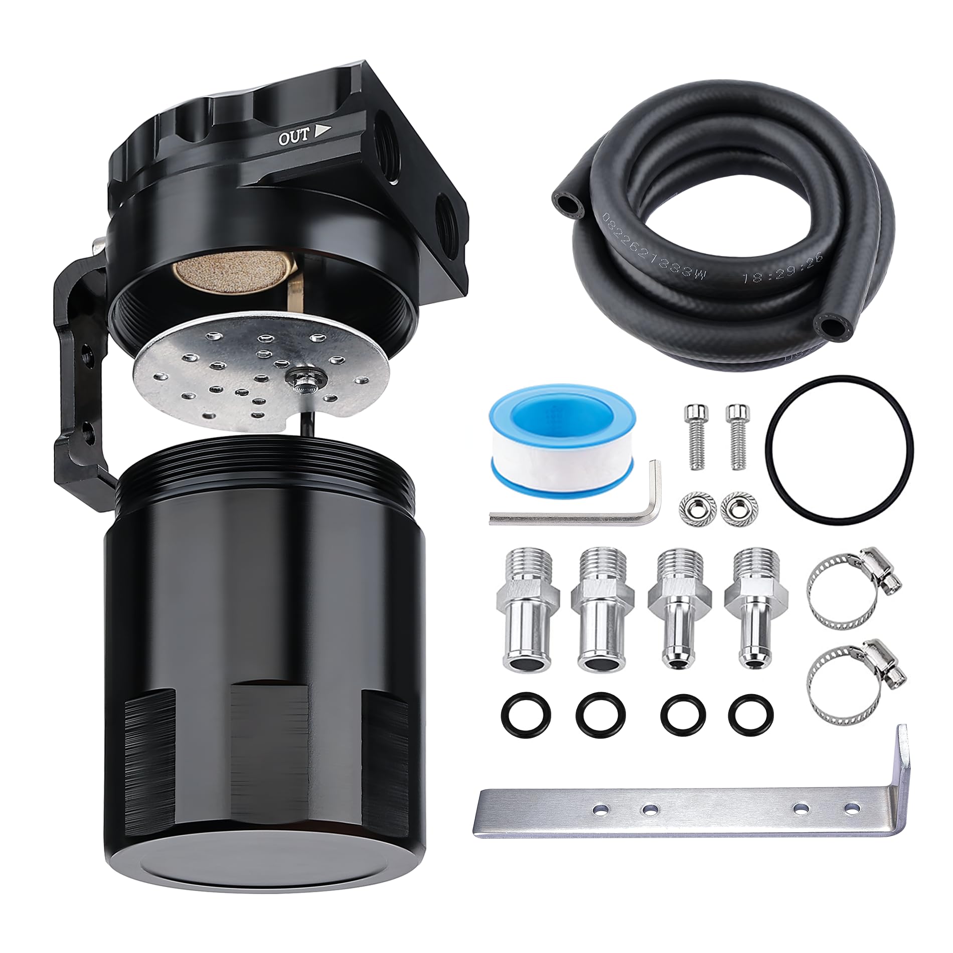 EVIL ENERGY oil catch can front view in aluminum housing for universal fit.