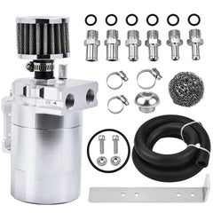 EVIL ENERGY oil catch can with baffled design in silver for PCV systems, durable and compact.