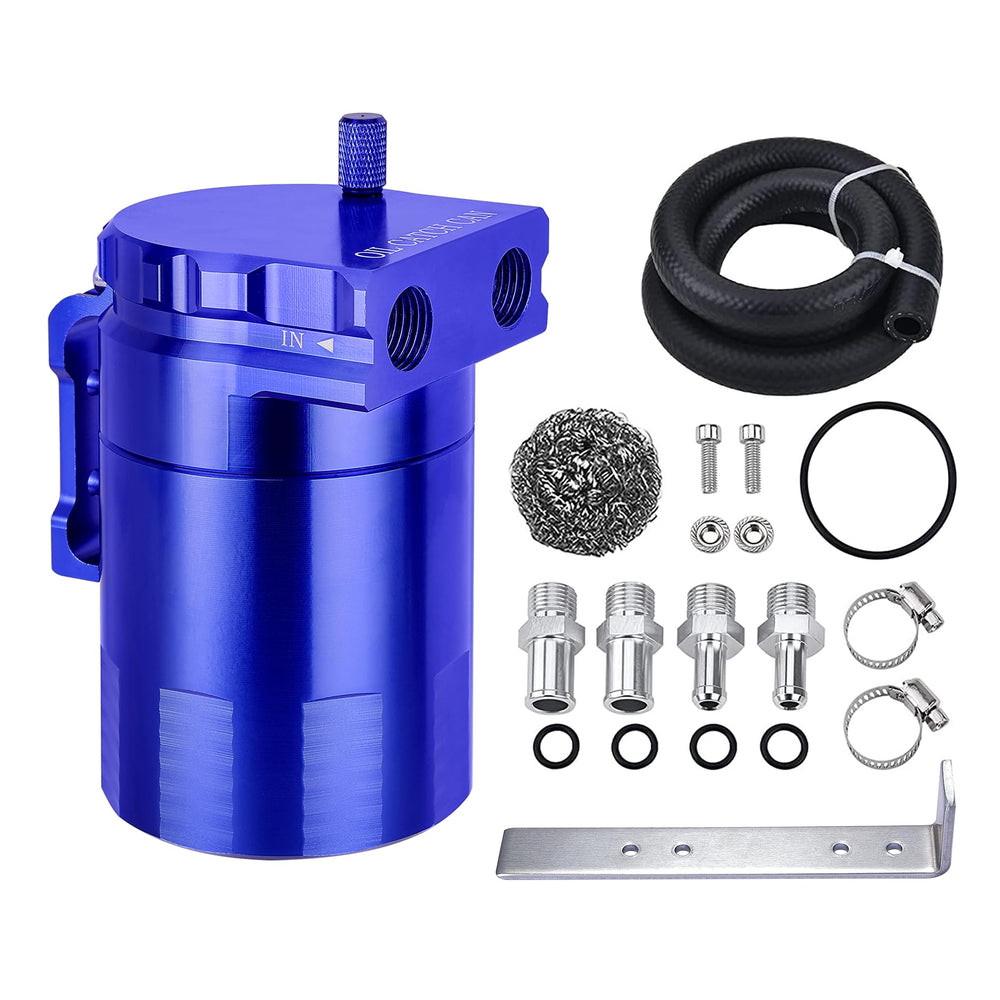 EVIL ENERGY oil catch can in blue with 300ml aluminum body captures oil vapors.
