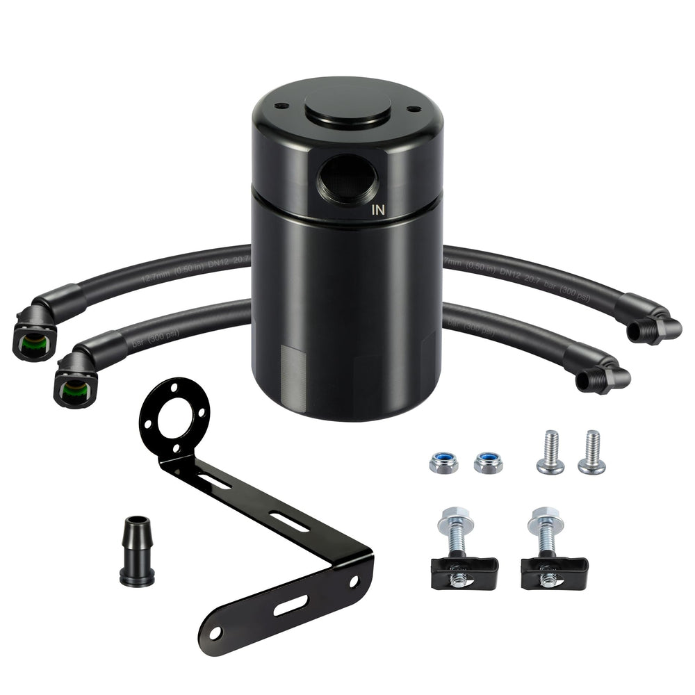 EVIL ENERGY oil catch can on F-150 side view reduces oil vapor intrusion.