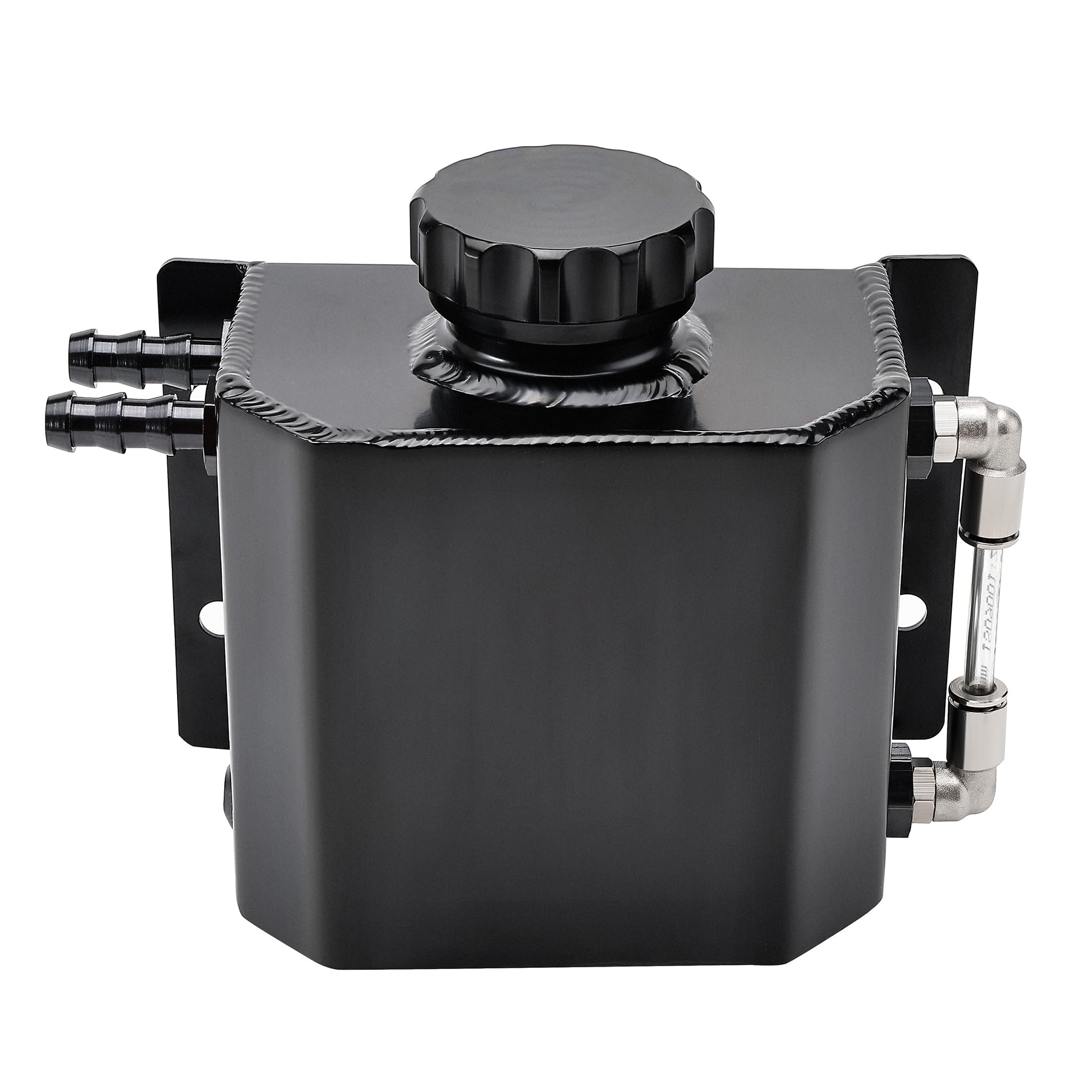 EVIL ENERGY radiator overflow tank full view in black, helps manage coolant expansion safely.